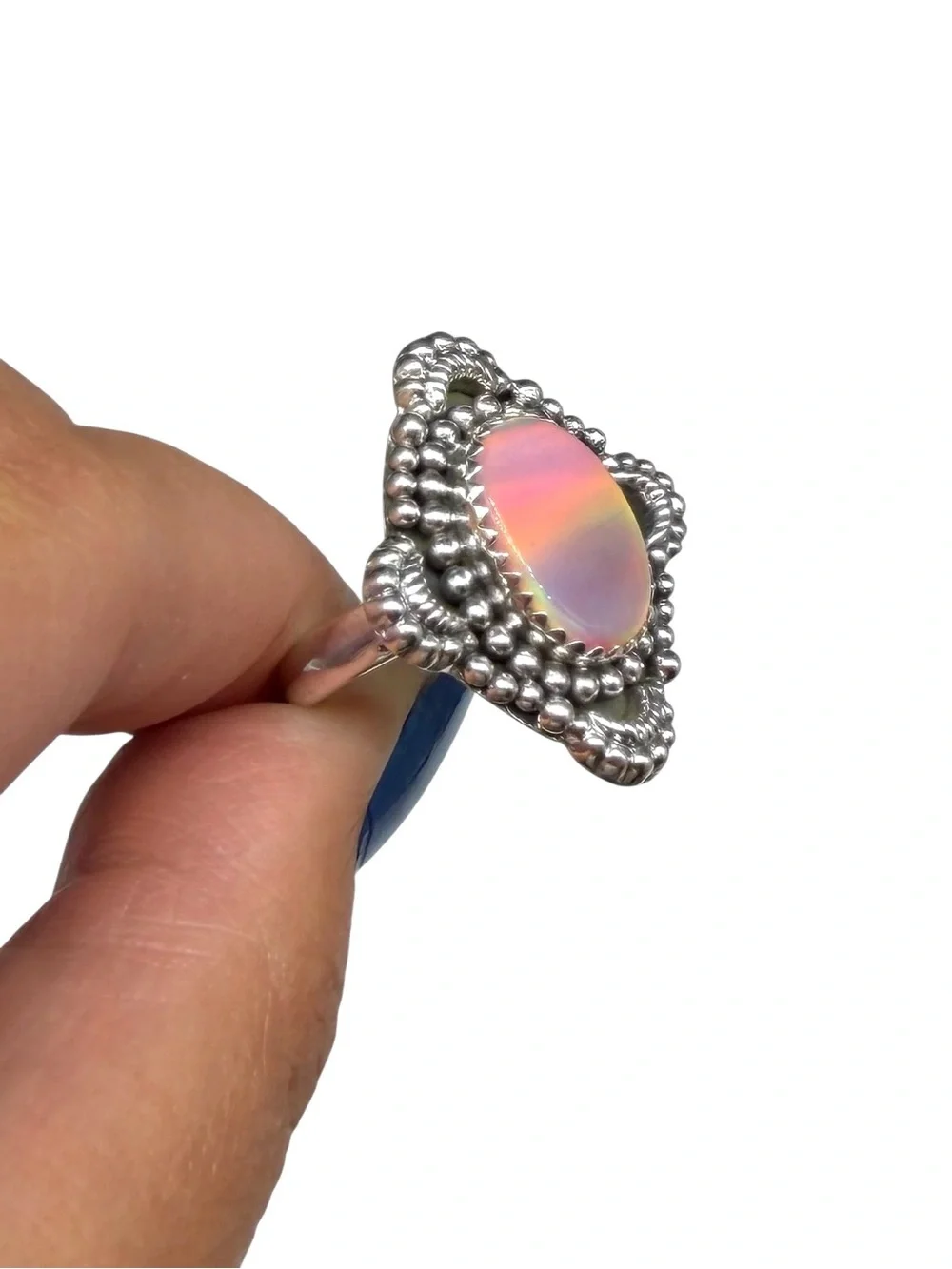 Aurora Fire Opal Ring Size 7 Solid 925 Sterling Silver Pink Aura Stone